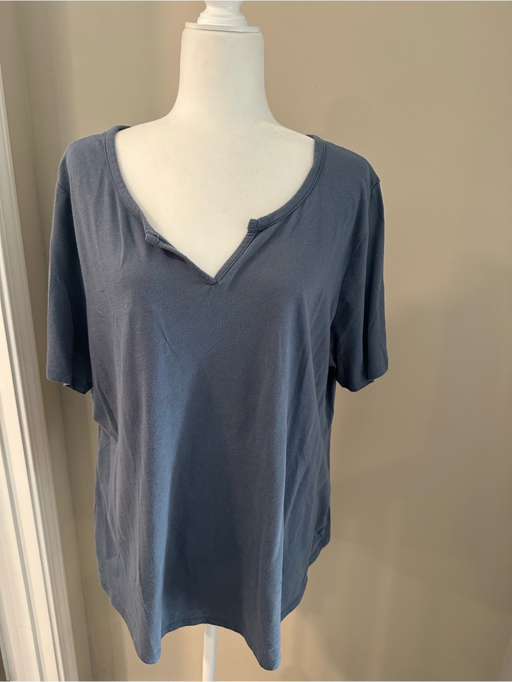 Terra & Sky Slate Blue Notch V-Neck Short Sleeve Top